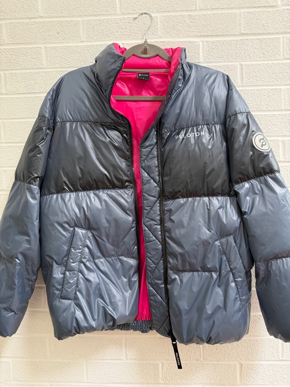 Peloton Black and Gray Puffer Jacket with Pink Lining